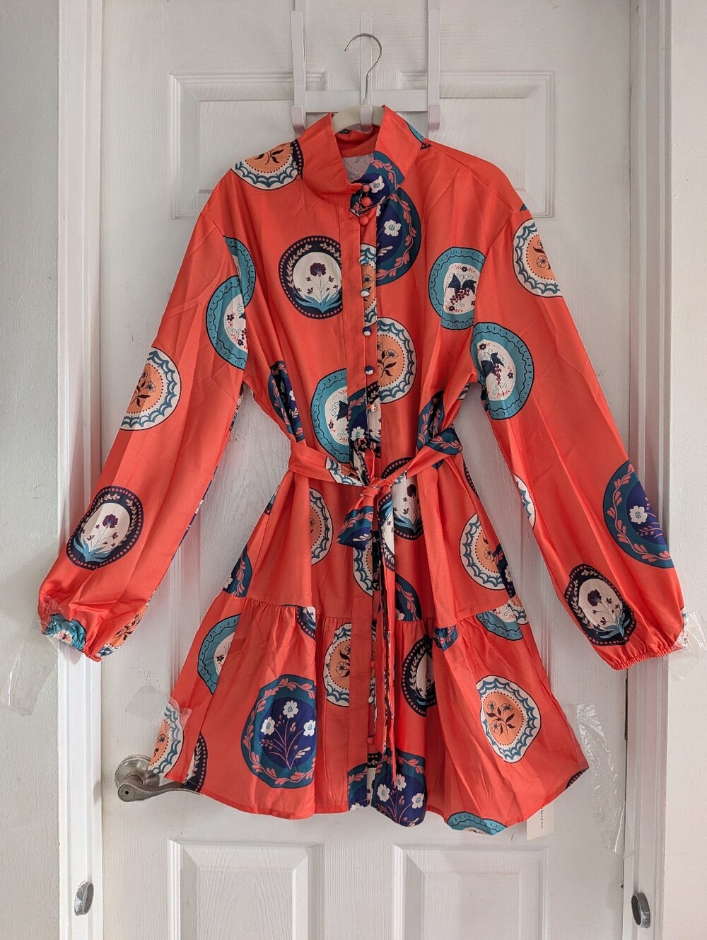 Commense Printed Belted Cotton Linen Long Sleeve Mini Dress - Picture 13 of 16